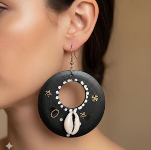 Handmade round wooden hoop earrings, round wooden and sea shell dangle earrings